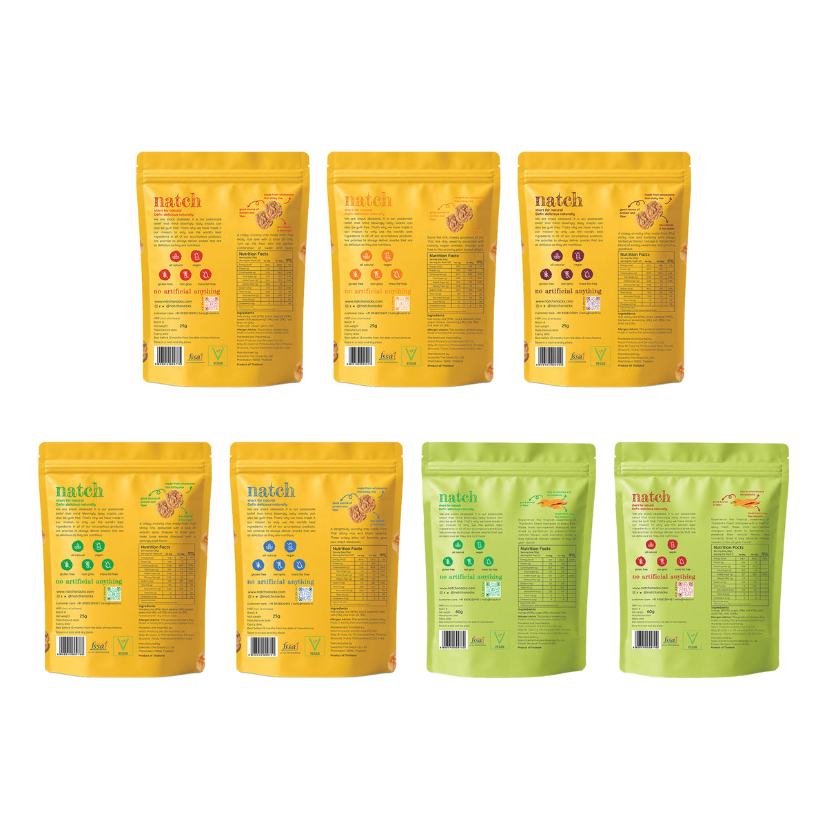 Assorted Combo Pack Of 7 (Thai Rice Chips And Thai Mango Slices), 25g x 5, 60g x 2 (Imported from Thailand | No Palm Oil, Tasty Snacks, Sun Dried Mango Slices)