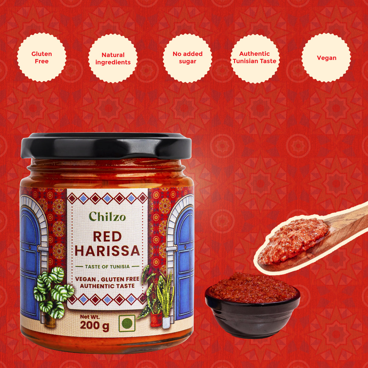 Chilzo Red Harissa,200g (Authentic Harissa, Made with Dried Red Chilies, No Artificial Colors/Flavors, Dip, Stir-fry, Marinate)