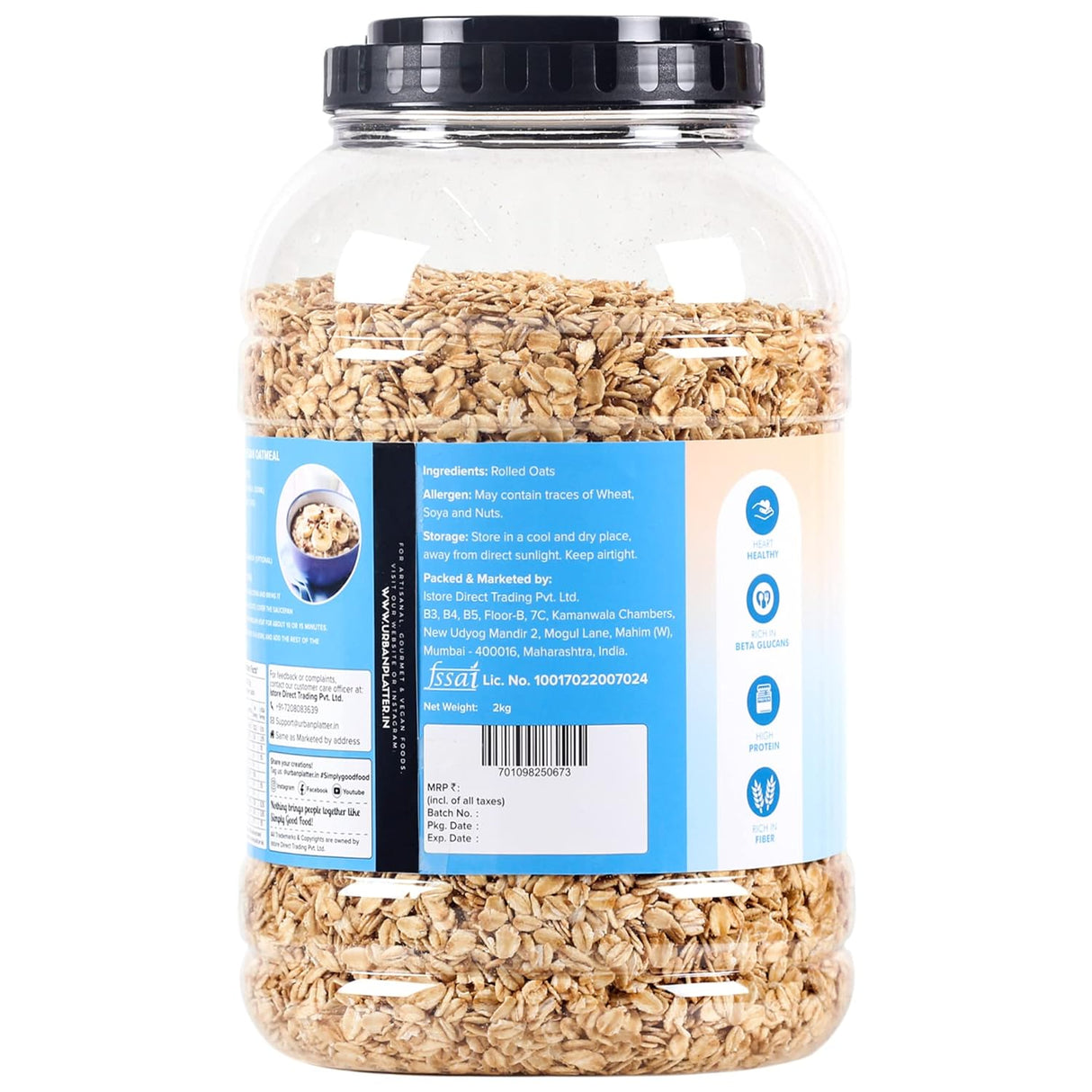 Urban Platter Rolled Oats, 2 Kg (High-fiber Breakfast Cereal / Use for Baking, Granola and Oatmeals / Rich in Beta Glucans)