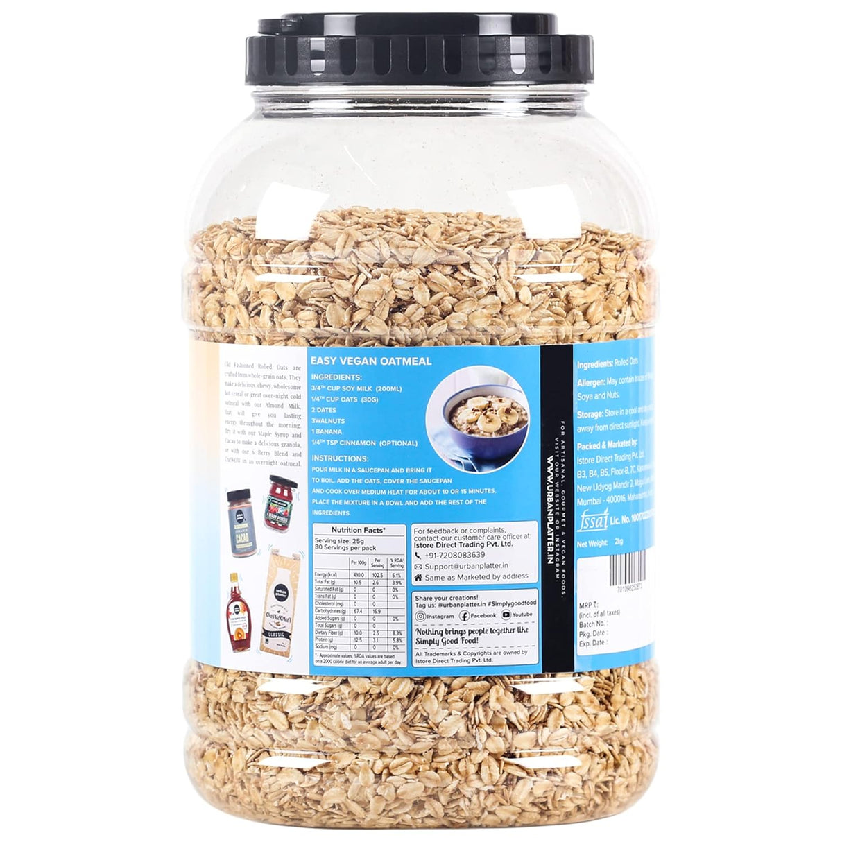 Urban Platter Rolled Oats, 2 Kg (High-fiber Breakfast Cereal / Use for Baking, Granola and Oatmeals / Rich in Beta Glucans)
