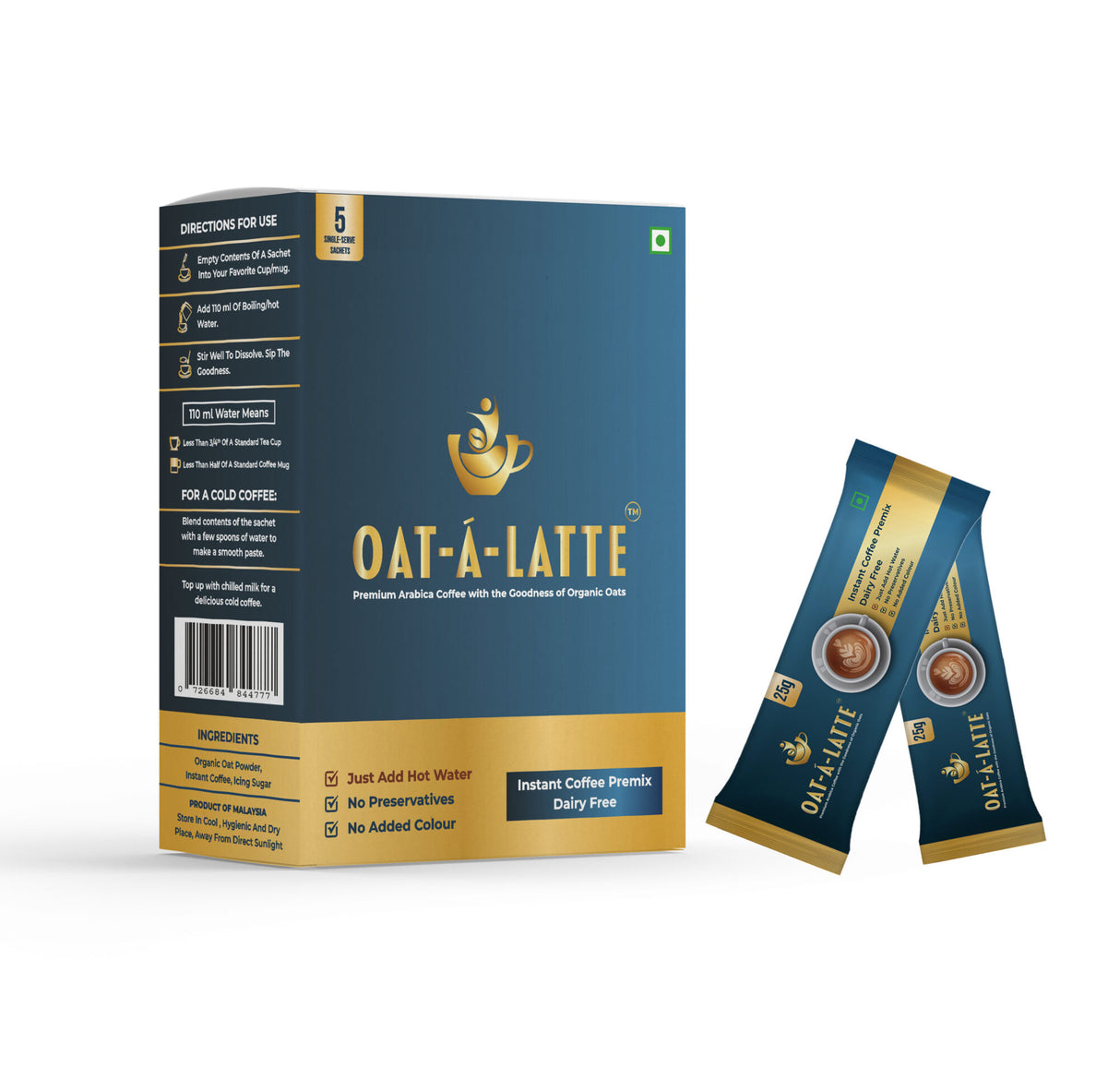 Oat-A-Latte Premium Instant Coffee Premix, 125g (Plant-Based| Box of 5 single-serve sachets of 25 gms each)