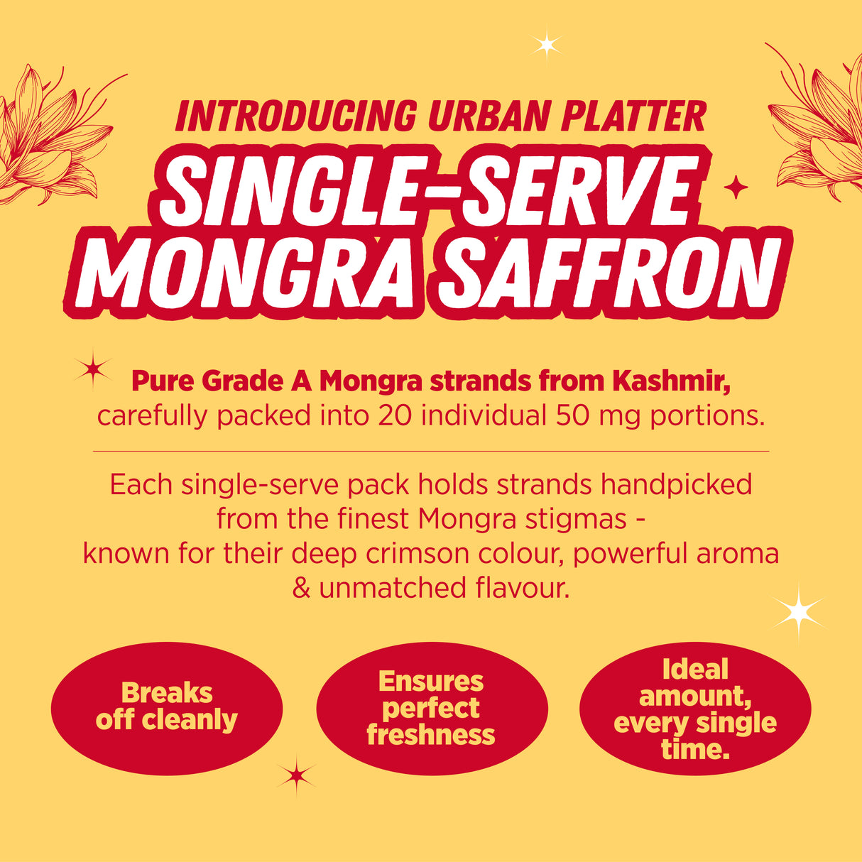 Urban Platter Kashmiri Mongra Saffron Single-Serve Set, 1gm (50mg x 20N) (Grade A | Pre-Portioned Single-Use Packs | Rich Aroma & Flavour)