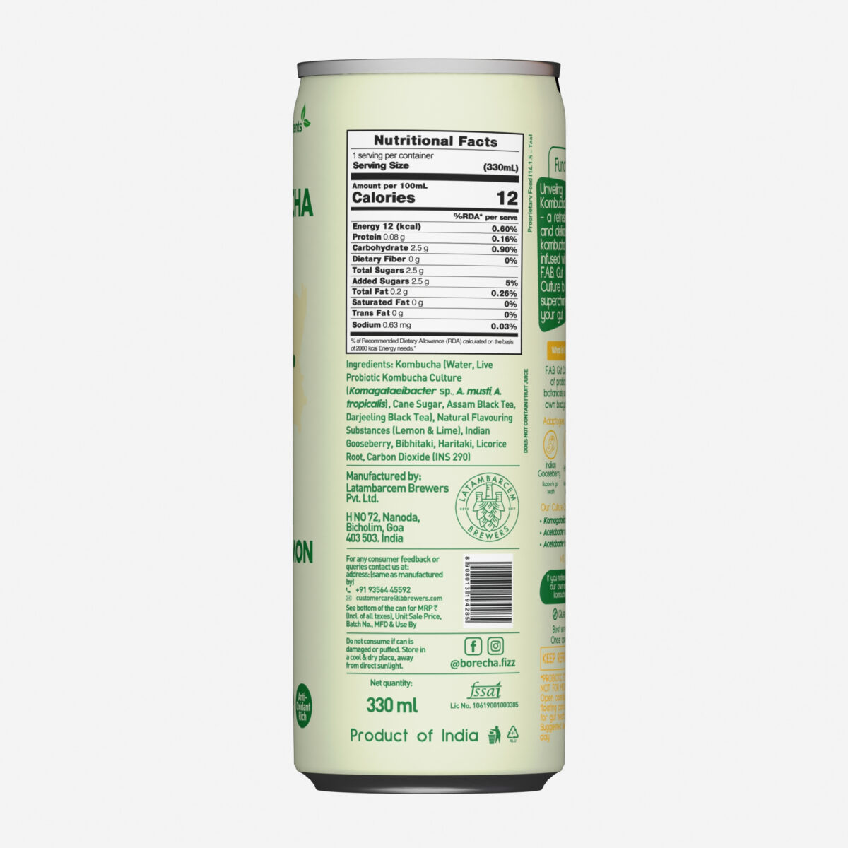 Borécha Sicilian Lime and Lemon Probiotic Kombucha, 330ml