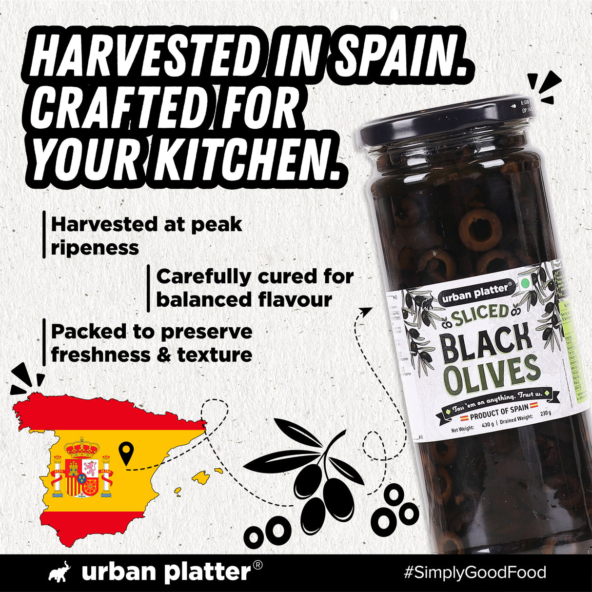 Urban Platter Sliced Black Spanish Olives, 430g (Bold, Savoury Mediterranean Flavour | Perfect for Pizzas, Pastas, Nachos & Salads)