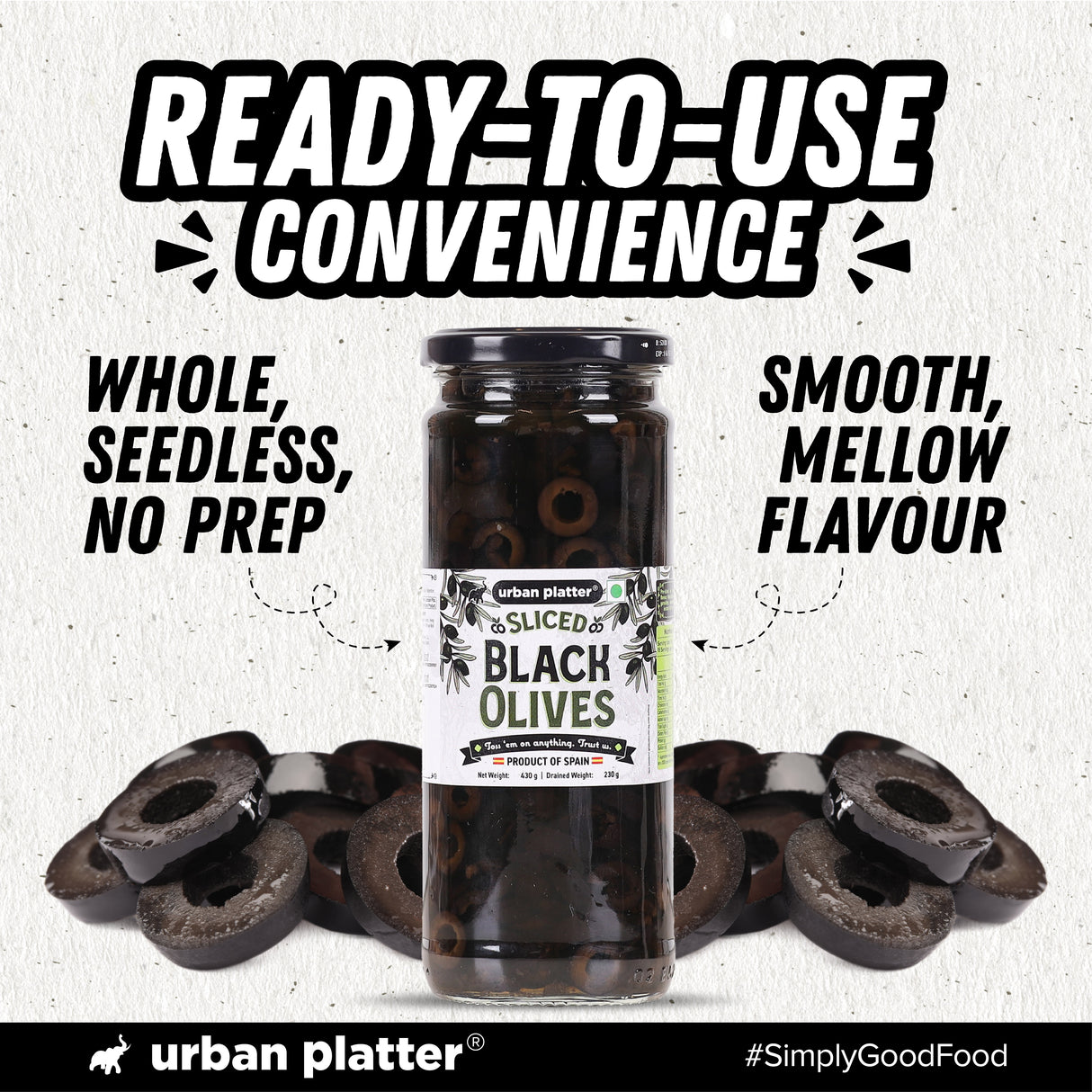 Urban Platter Sliced Black Spanish Olives, 430g (Bold, Savoury Mediterranean Flavour | Perfect for Pizzas, Pastas, Nachos & Salads)