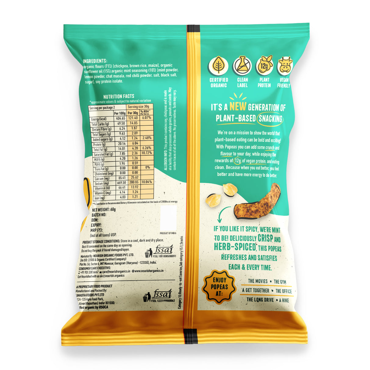 Nourish Organics Popeas Organic Chickpea Protein Puffs - Spicy Mint, 60gm (Gluten Free)