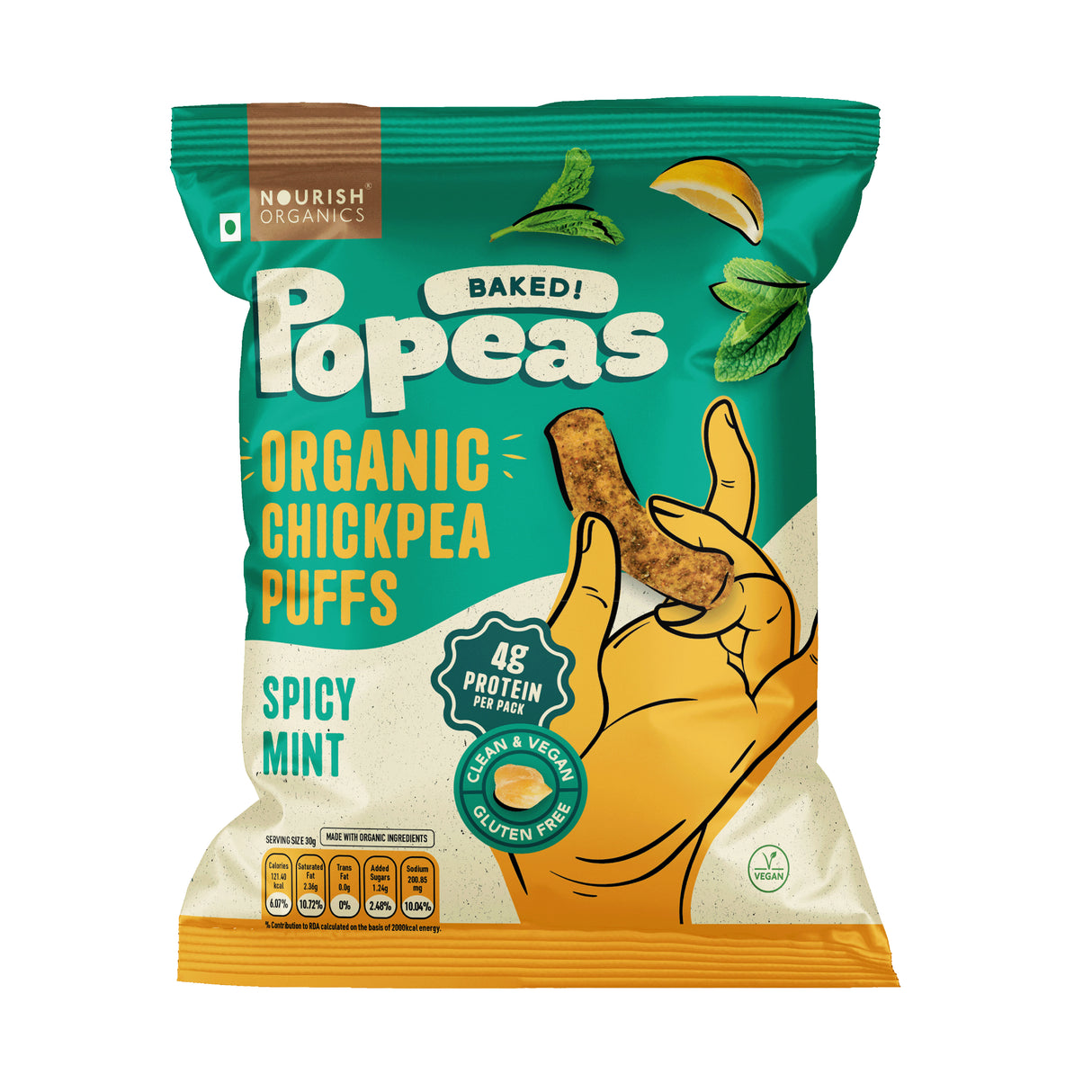 Nourish Organics Popeas Organic Chickpea Protein Puffs - Spicy Mint, 20gm (Gluten Free)