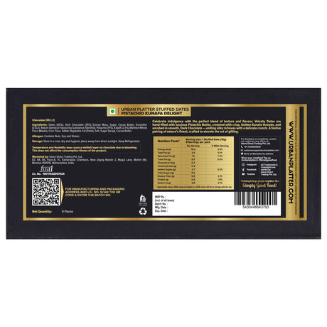 Urban Platter Chocolate Coated Kunafa Stuffed Dates - Pistachio Delight (Box of 9 Gourmet Dates | Filled with Rich Pistachio Butter & Kataifi | Plant-Based | Preservative-Free)