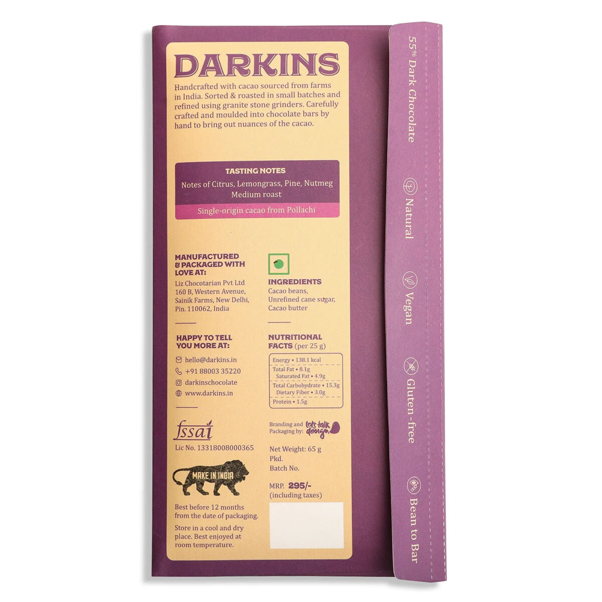 Darkins Single Origin 55% Dark Chocolate from Tamilnadu, 65g