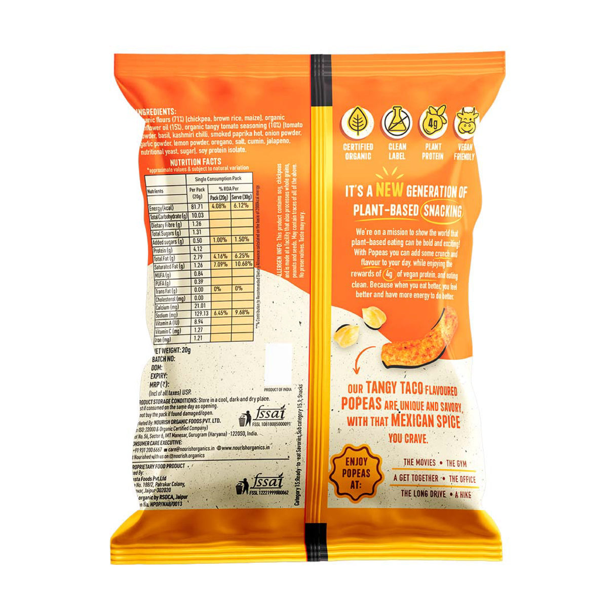 Nourish Organics Popeas Organic Chickpea Protein Puffs - Tangy Taco, 20gm (Gluten Free)