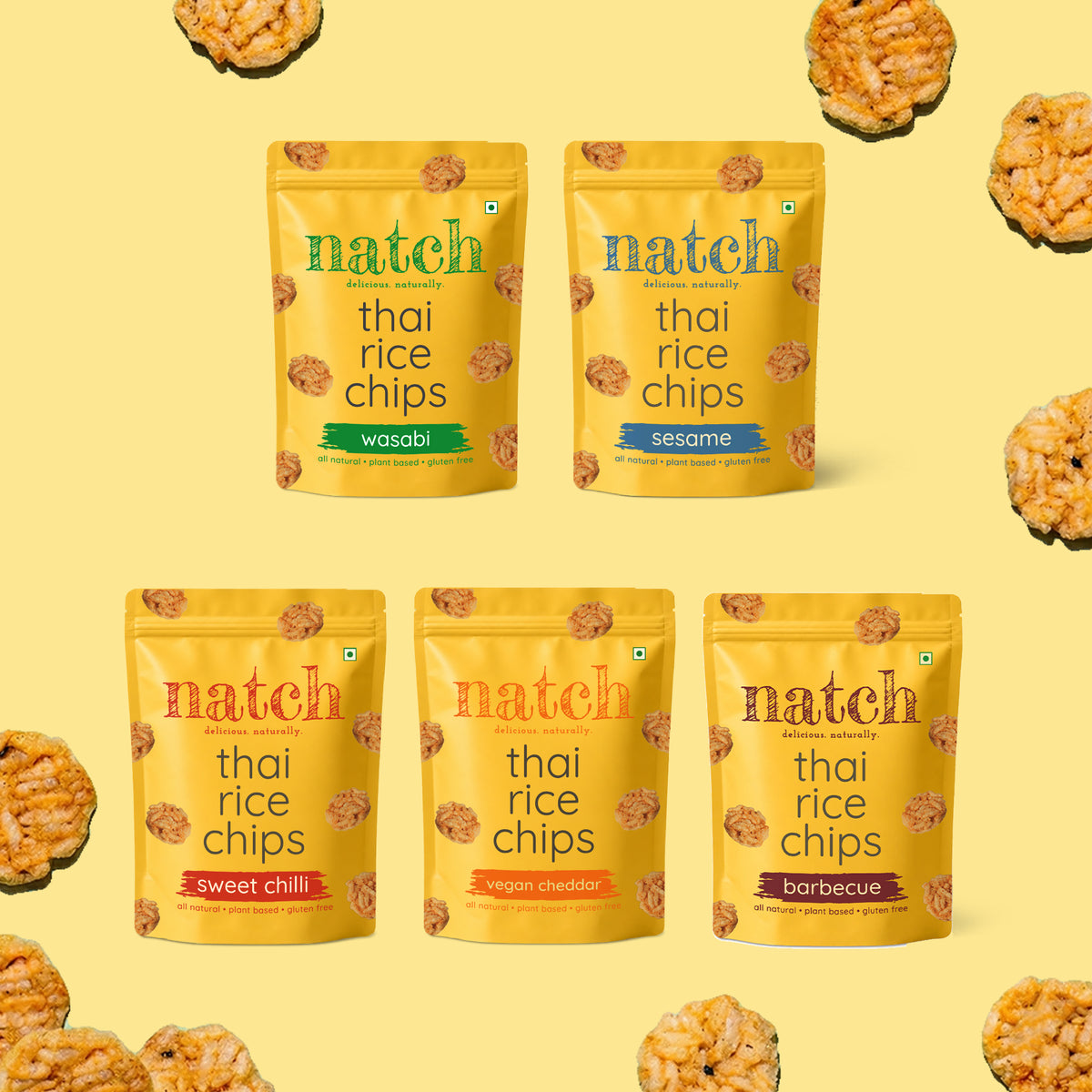 Assorted Thai Rice Chips Combo Pack, 25g x 5 (Sweet Chilli, Barbecue, Sesame, Vegan Cheddar, Wasabi | No Palm Oil, Tasty Snacks | Imported From Thailand)