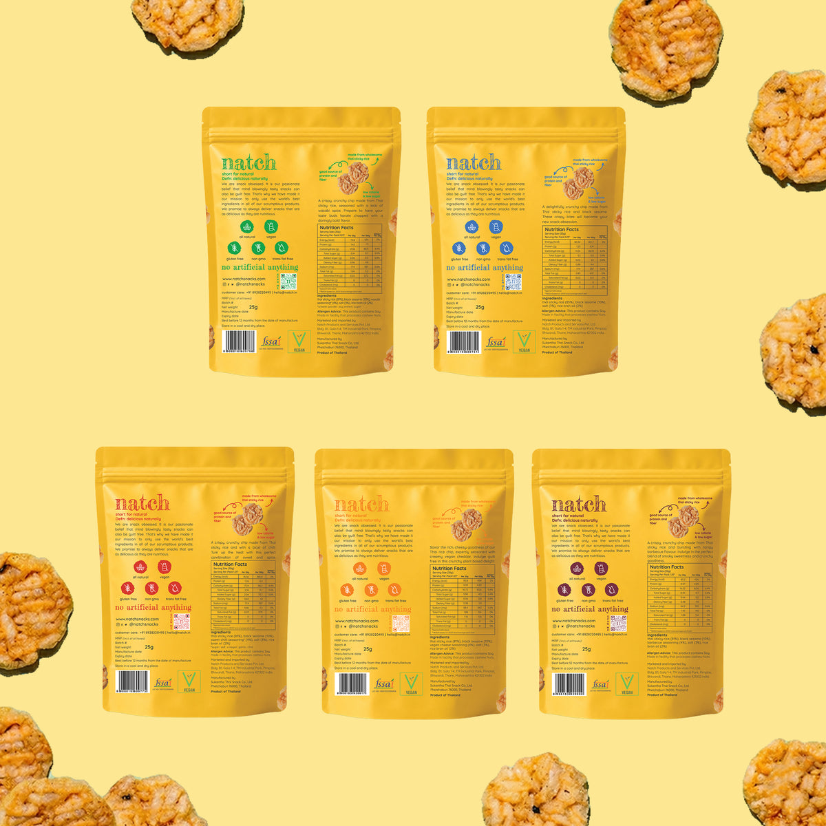 Assorted Thai Rice Chips Combo Pack, 25g x 5 (Sweet Chilli, Barbecue, Sesame, Vegan Cheddar, Wasabi | No Palm Oil, Tasty Snacks | Imported From Thailand)