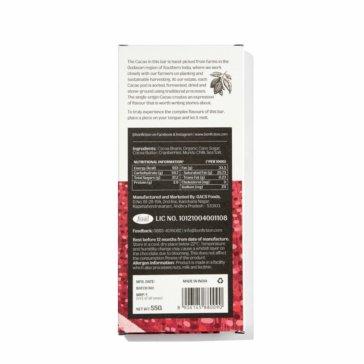 Bon Fiction – The Cranberry Chilli Chase (64% Dark Chocolate, Cranberry, Chilli and Sea Salt), 55g