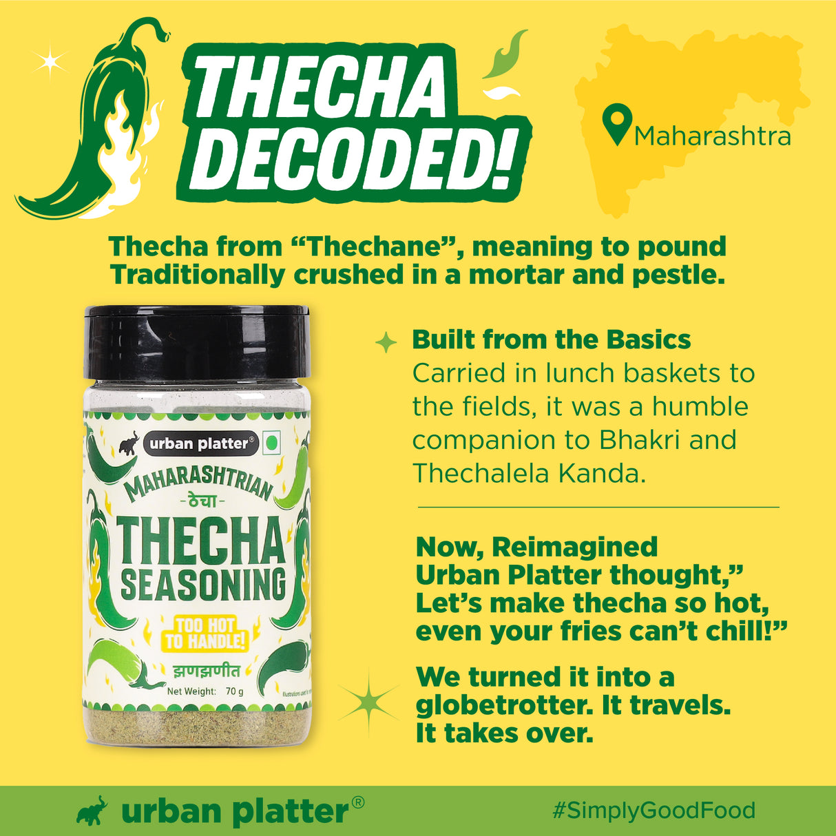 Urban Platter Thecha Seasoning, 70g (Authentic Maharashtrian Condiment, Bold Chilli, Garlic & Peanut Blend, Perfect for Fries, Pasta & Rice)