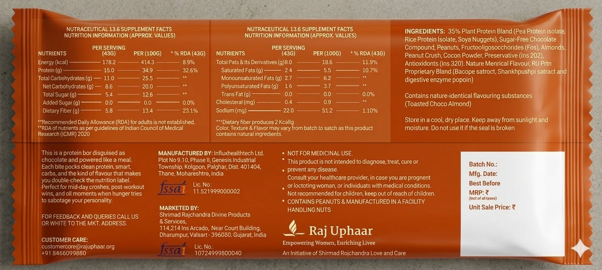 RU Prtn Toasted Choco Almond Protein Bars,15g (Pack of 6, High Fiber, No Added Sugar, Nutty Snack)