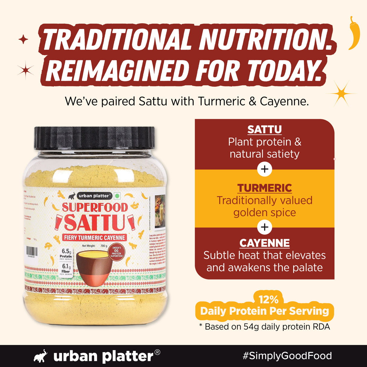 Urban Platter Turmeric Cayenne Superfood Sattu, 700g (High Protein & Fibre | Natural Coolant | Mid-Meal Drink | Traditional Plant Protein)