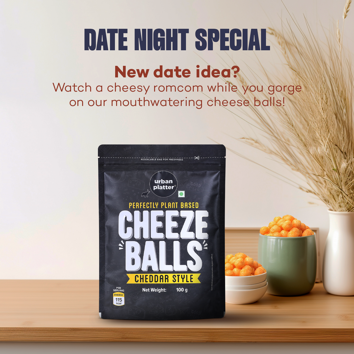 Urban Platter Cheese Balls (Cheddar Flavour, Plant-based Snack, Party Pack)