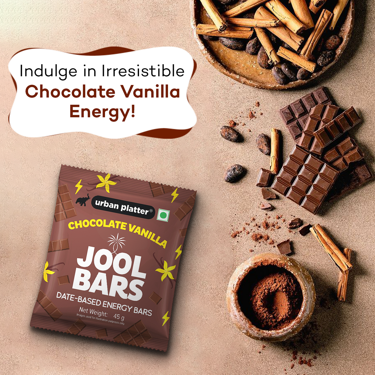 Urban Platter Chocolate Vanilla Jool Bars, 45g (Medjool Date Based | Energy Bars | Pack of 1 | Plant Based | With Rolled Oats and Almond Flour)