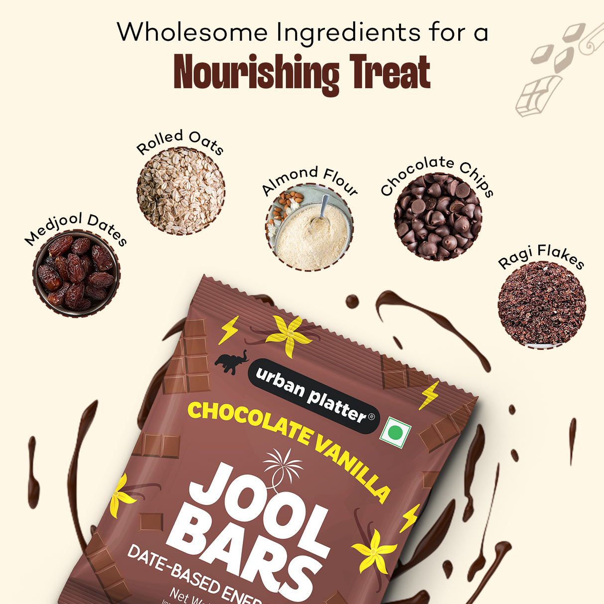 Urban Platter Chocolate Vanilla Jool Bars, 45g (Medjool Date Based | Energy Bars | Pack of 1 | Plant Based | With Rolled Oats and Almond Flour)