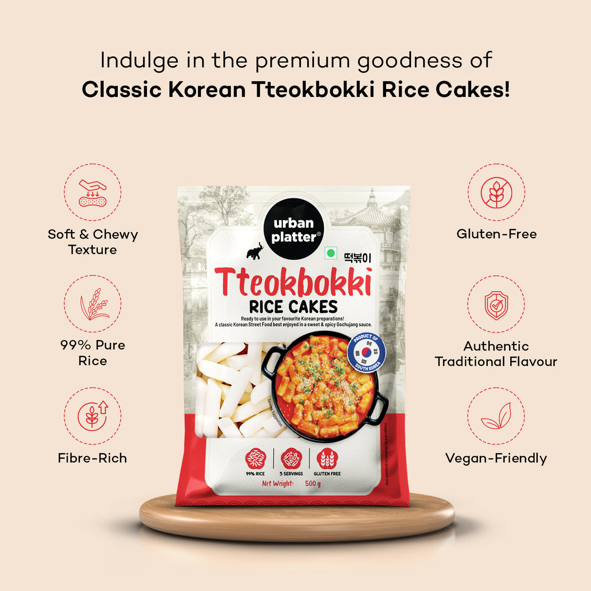 Urban Platter Classic Korean Tteokbokki Rice Cakes, 500g [Garaetteok | Korean Rice Sticks | Soft and Chewy]