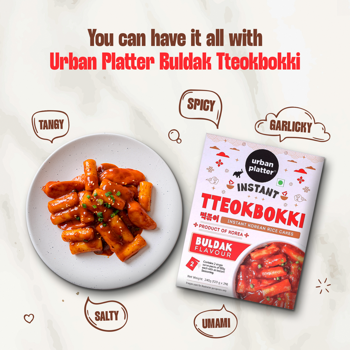 Urban Platter Instant Tteokbokki - Buldak, 240g (With Seasoning Premix |  Spicy Snack | Soft and Chewy Rice Cakes | Korean Street Delicacy)