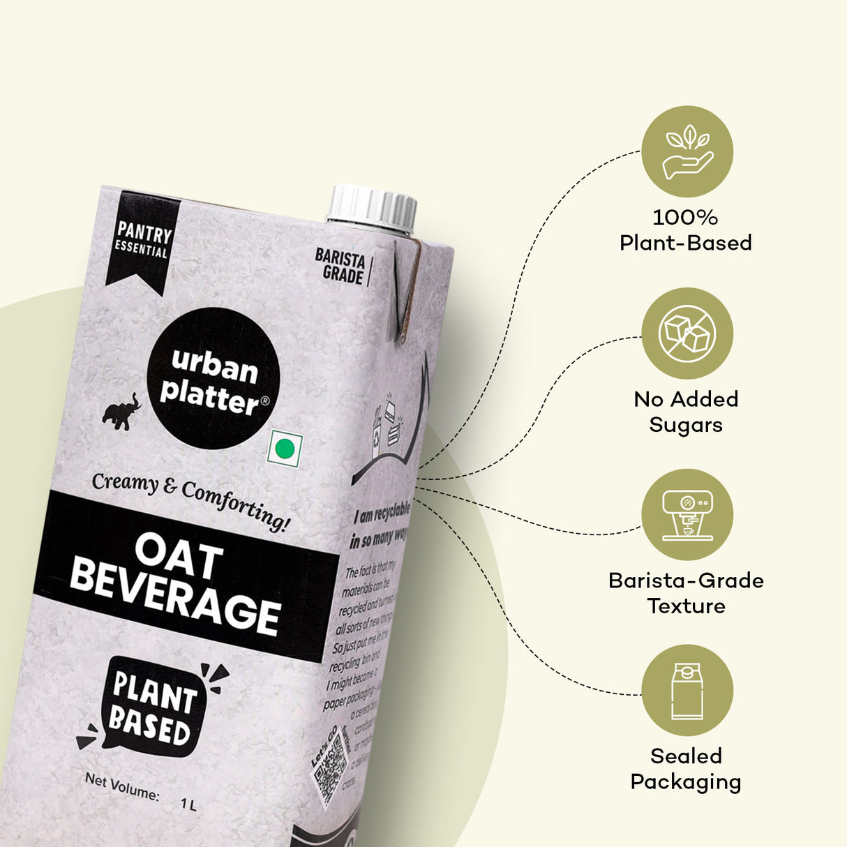 Urban Platter Oat Beverage, 1L (OatWOW | Plant Based | Barista Grade | Daily Pantry Essential | Creamy and Delicious)