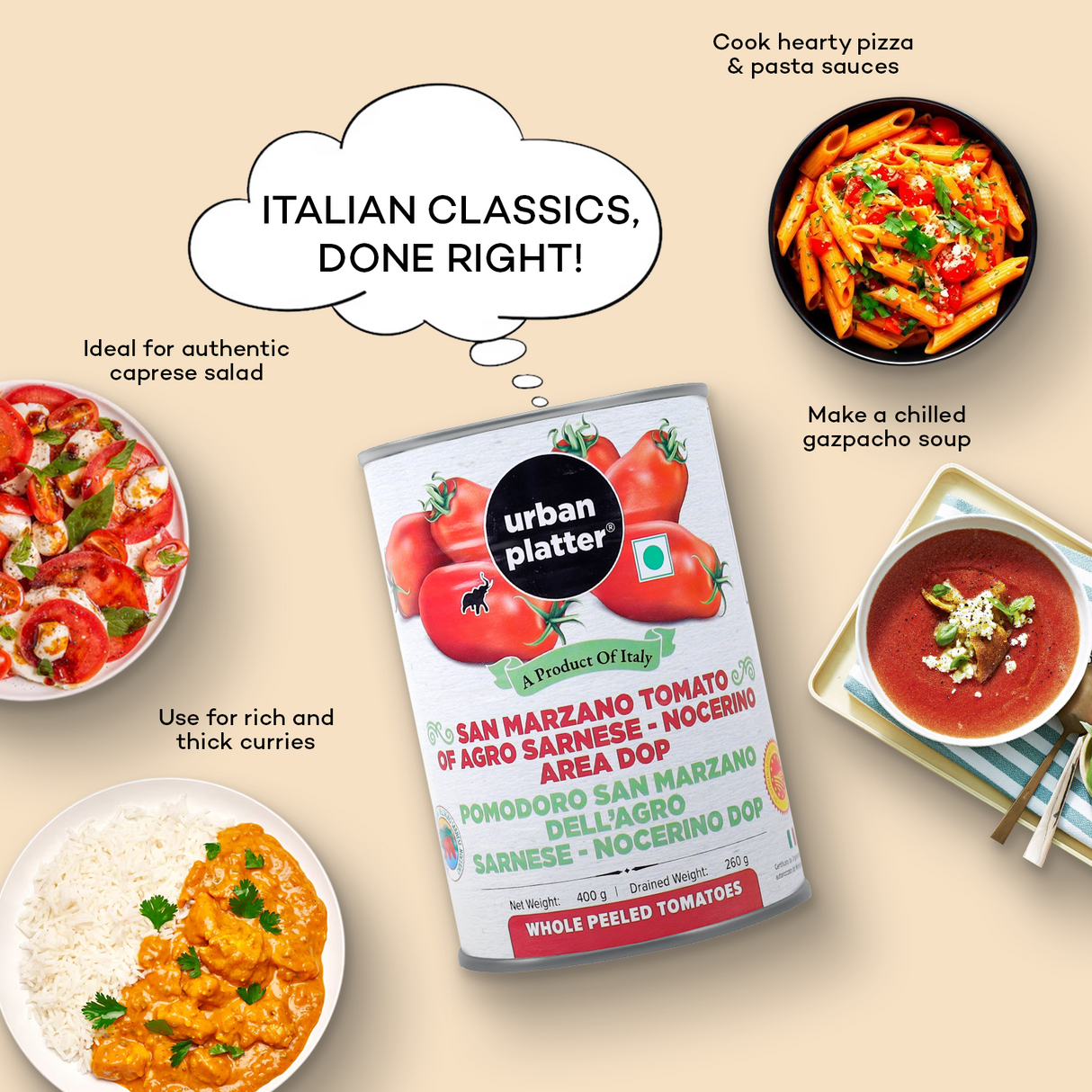 Urban Platter San Marzano Whole Peeled Tomatoes in Tomato Juice, 400g / 14oz [Drained Weight 260g, DOP, Tomates pelles dans le jus, Product of Italy]