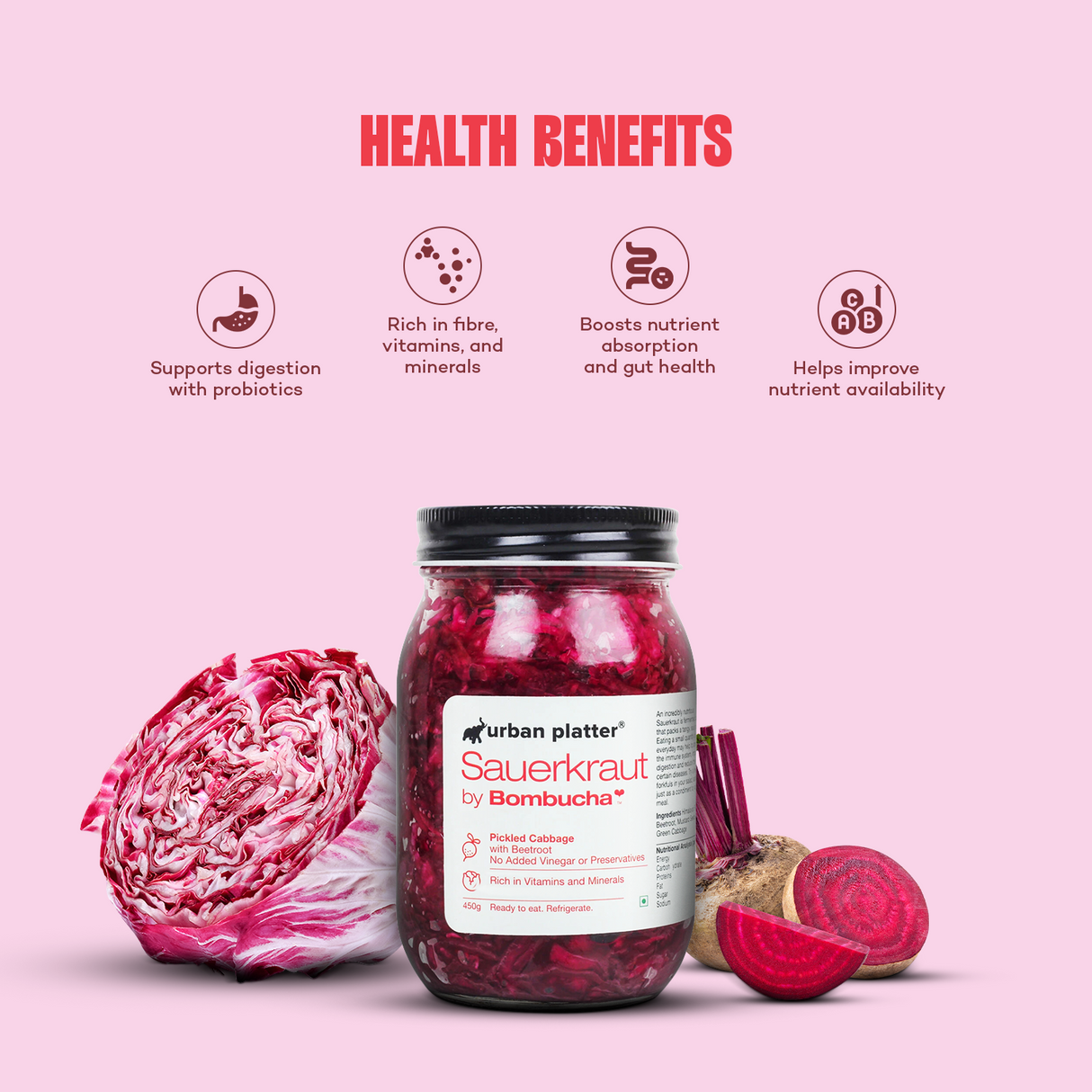 Urban Platter Sauerkraut Original Pickled Probiotic Cabbage with Beetroot, 450g / 15.8oz [Raw, Organic & Powered by Bombucha]