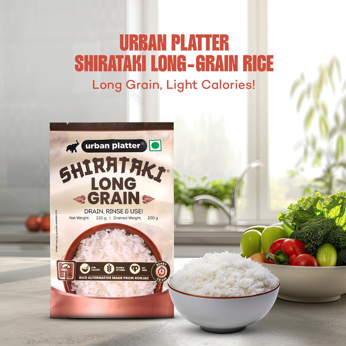 Urban Platter Shirataki Long-Grain Rice, 220g (Keto-Friendly | Low-Carb | Low-Calories | Fat-Free | Gluten-Free | Konjac Miracle Rice)