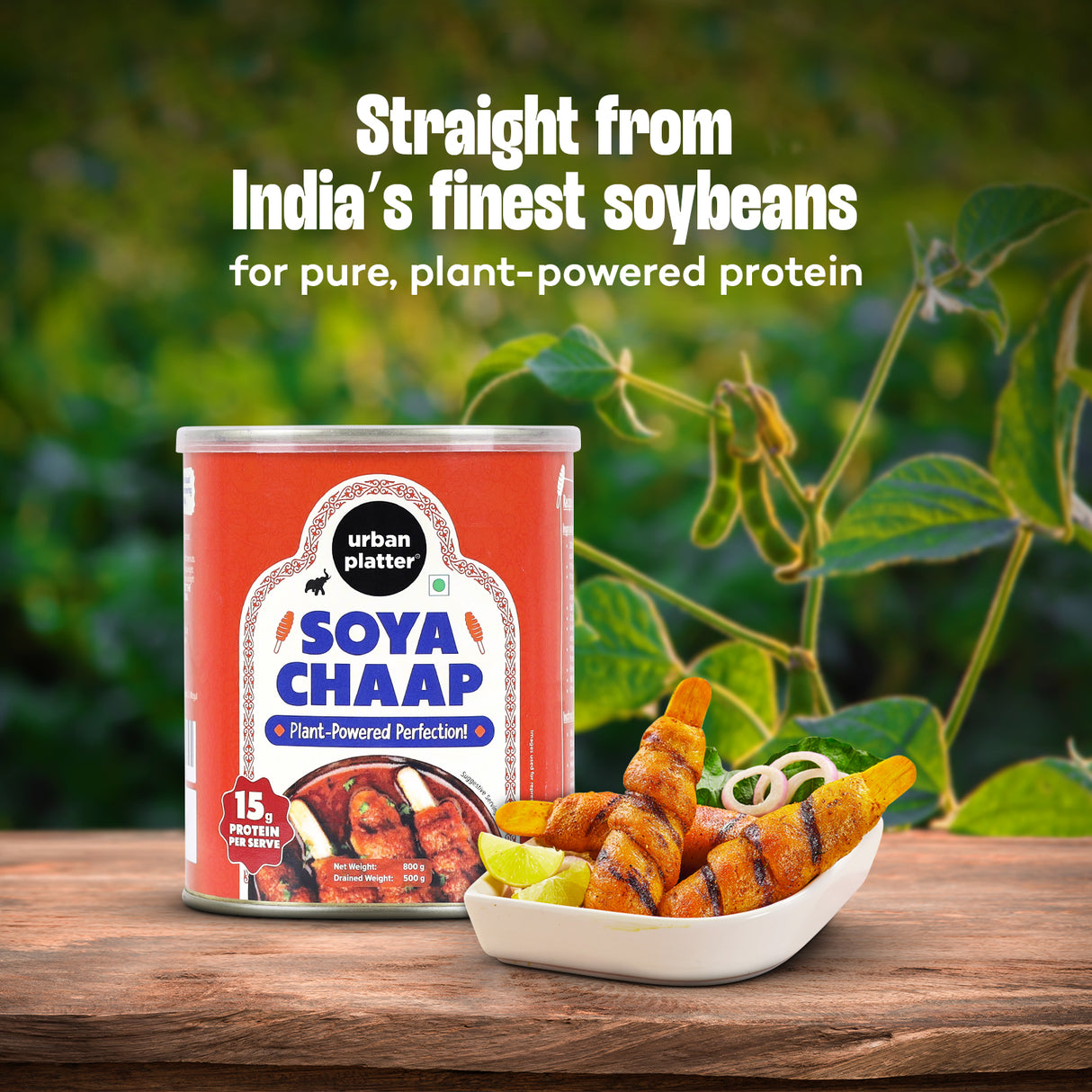 Urban Platter Soya Chaap in Brine, 800g (Canned | Chunks on Stick | Drained Weight - 500g, Rich in Plant Protein| Soy Chap)