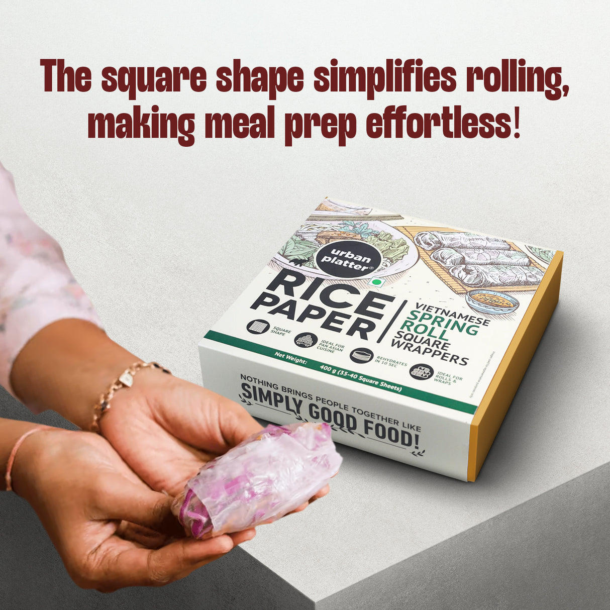 Urban Platter Square Rice Paper Sheets, 400g (Vietnamese Spring Roll Wrappers |  Gluten Free | 22 cm each | Easy To Roll)