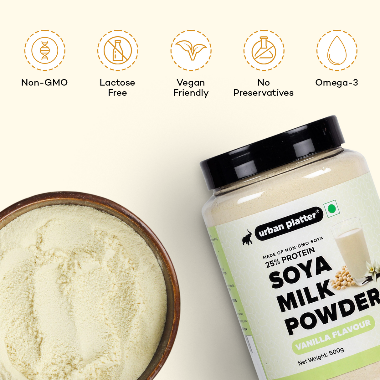 Urban Platter Vanilla Soya Milk Powder, 500g  [Plant-Based / Milk Alternative, Non-GMO & 25% Protein]