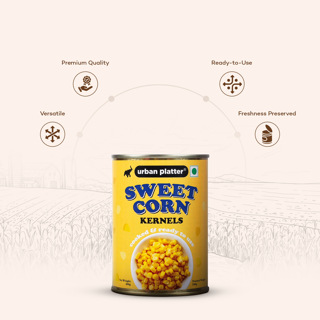 Urban Platter Ready to Use Sweet Corn Kernels in Brine, 400g (Drained Weight 240g)