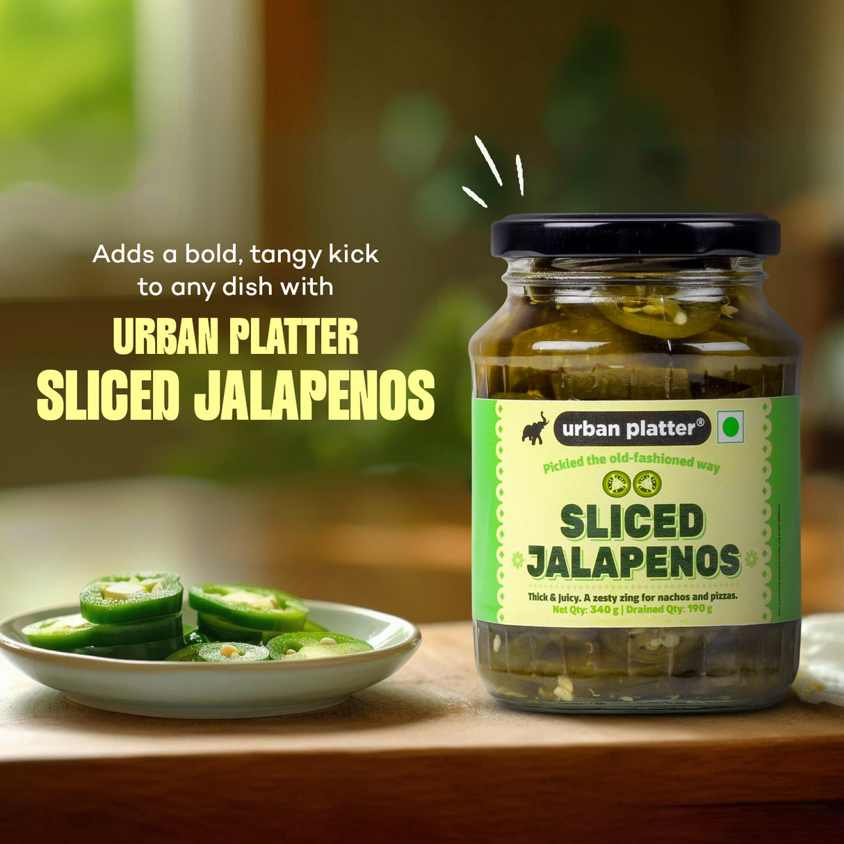 Urban Platter Sliced Jalapenos, 340g [ Tangy & Spicy, Great Topping for Pizza, Tacos, Nachos]