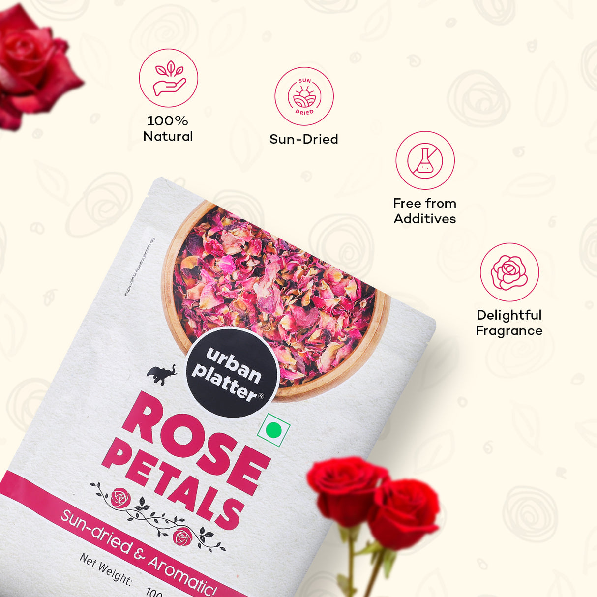 Urban Platter Sun Dried Rose Petals, 100g (100% Edible, Sun-Dried | Gulab Patti | Dried Rose Petals | Use in Tea, Baking, Making Rose Water, Crafting)