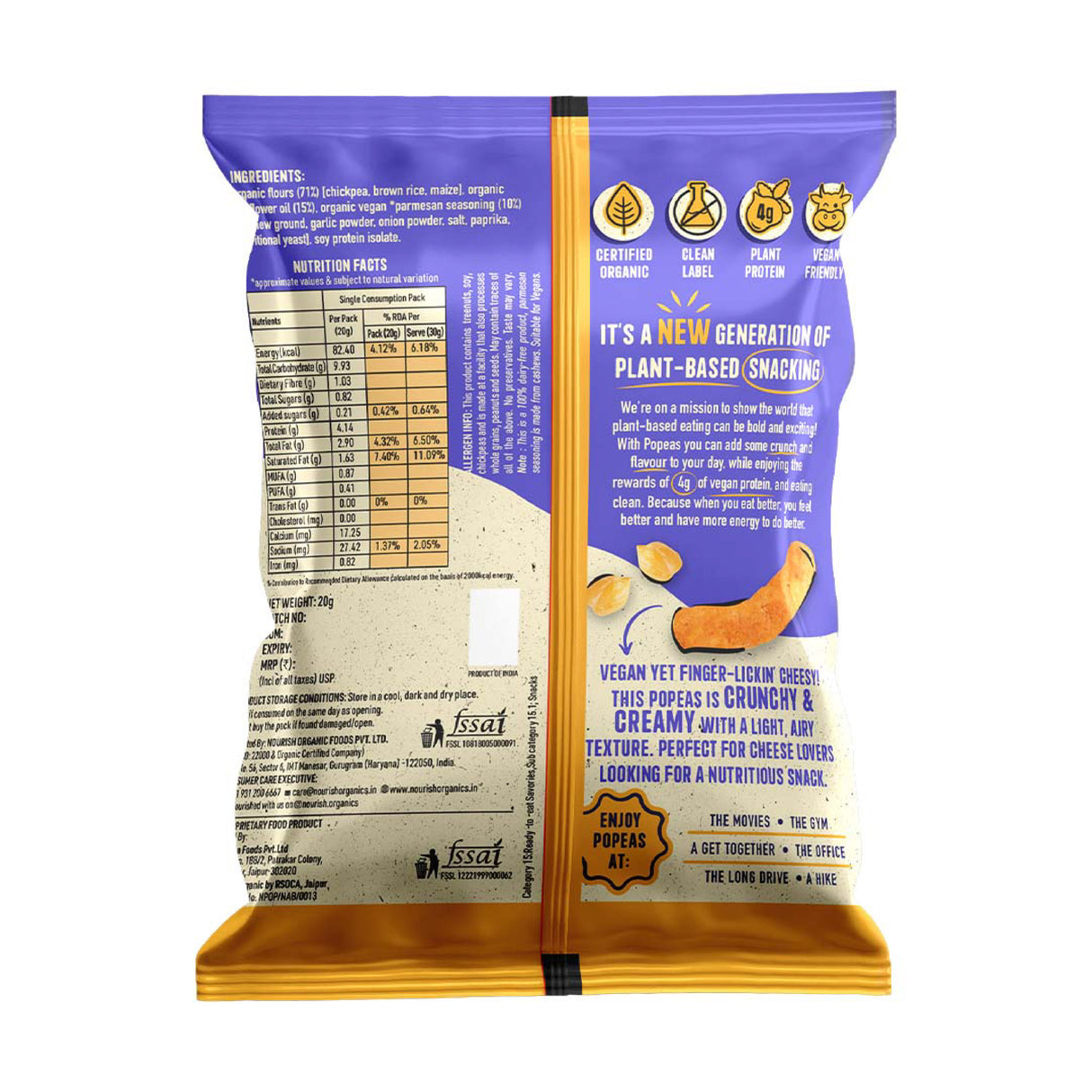 Nourish Organics Popeas Organic Chickpea Protein Puffs - Vegan Parmesan, 20gm (Gluten Free)