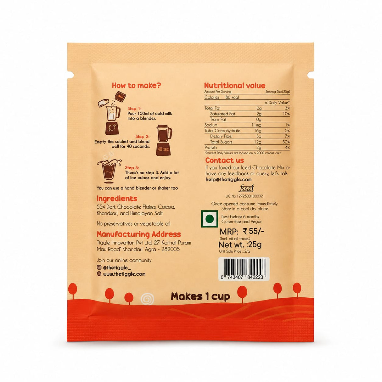 55% Dark Iced Chocolate Mix,25g (Real Chocolate Flakes, Rich Cold Chocolate Drink Premix, Café Style Iced Beverage, Vegan Free)