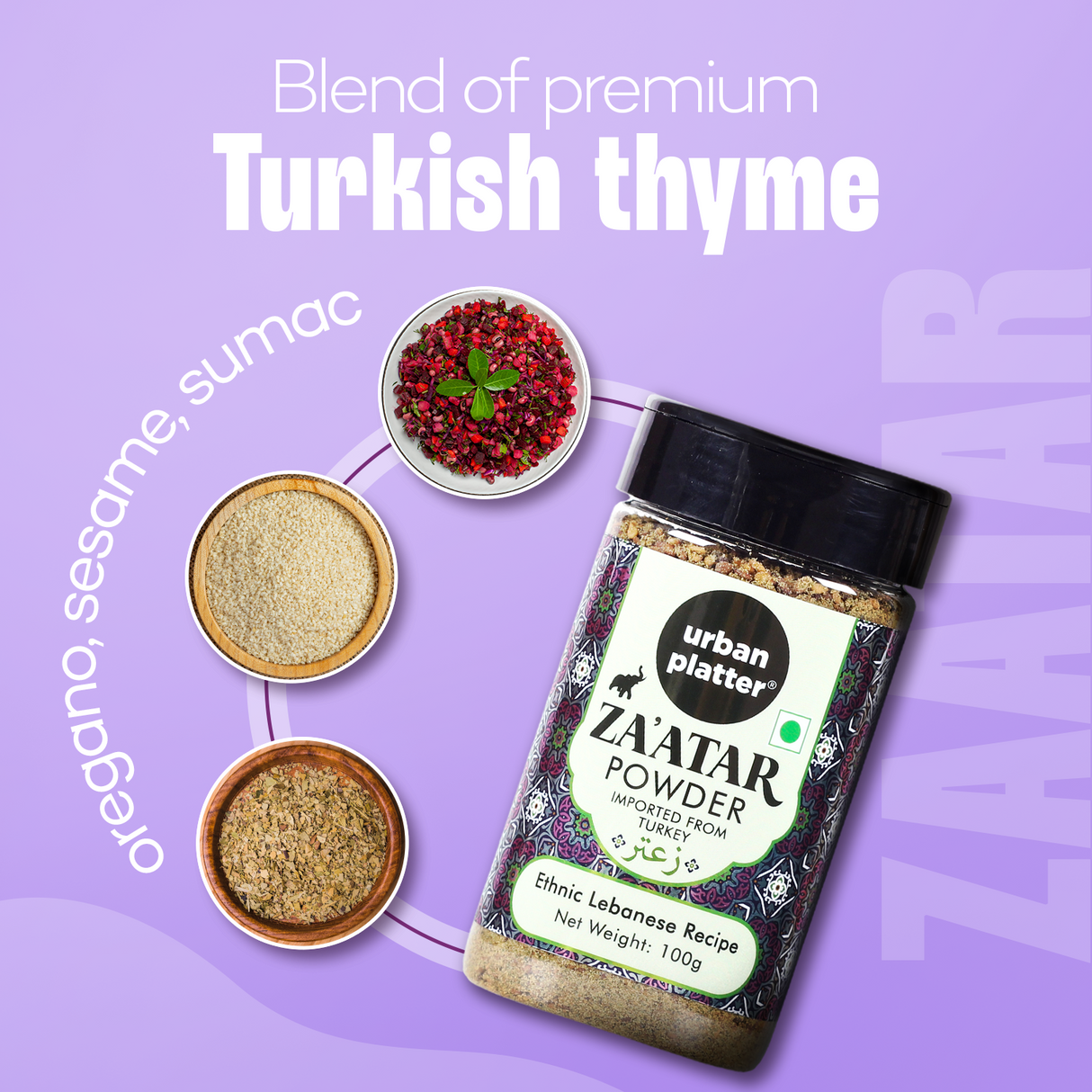 Urban Platter Zaatar Powder, | Middle Eastern Spice Blend | Herby, Tangy and Nutty | Use as a dry rub or sprinkler | Imported from Turkey