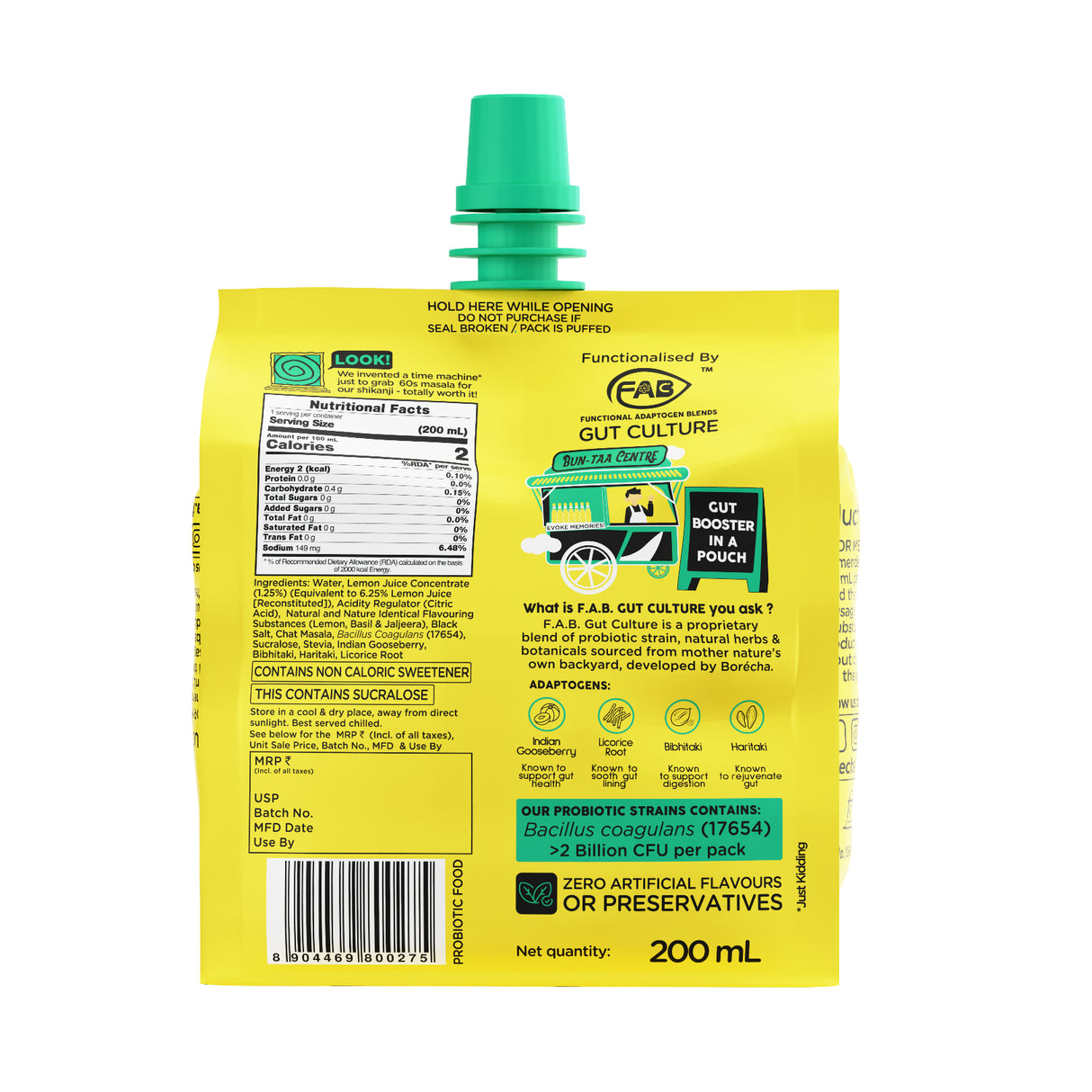 Borécha Zero Sugar Probiotic Basil Shikanji Bun-taa! Series Doy Pouch, 200ml