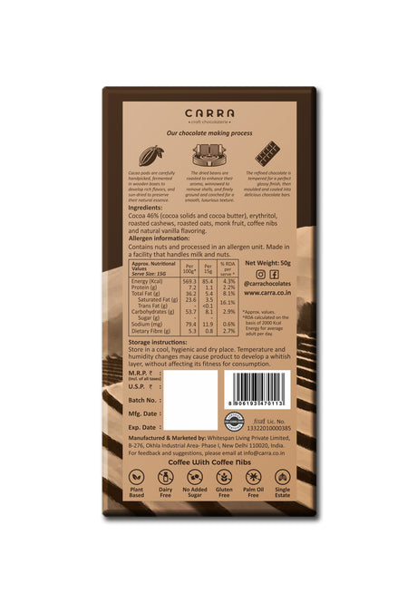 Carra Sugar Free Coffee with coffee nibs Milk Chocolate Bar, 50g