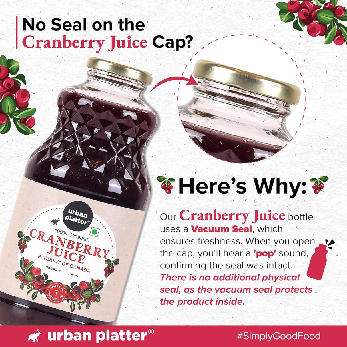 Urban Platter 100% Canadian Cranberry Juice, 946ml | No Added Sugar, Preservative-Free | Antioxidant-Rich, Supports UTI Health | Ideal for Cocktails & Mocktails