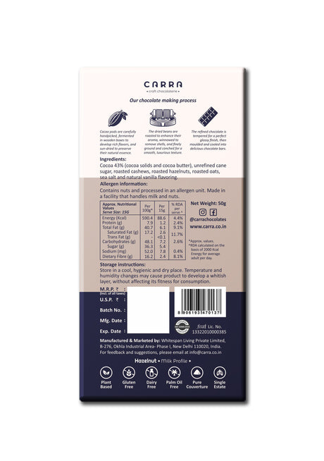 Carra Hazelnut Milk Chocolate Bar, 50g
