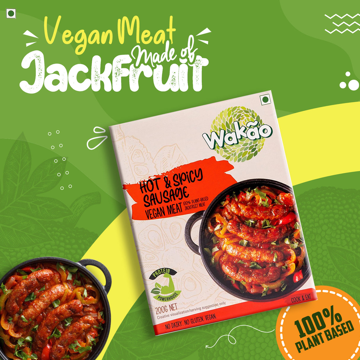 Wakao Hot & Spicy Sausage, 200g (100% Plant based , Ready to cook,Heat & Eat, Tender Jackfruit Sausages)