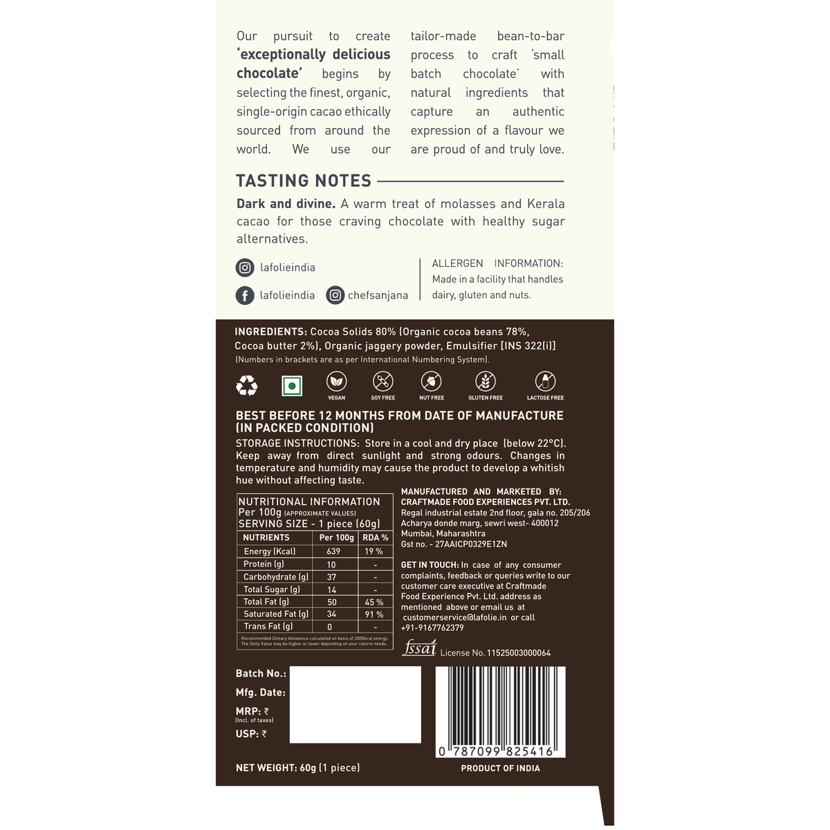 80% Intense Black Jaggery Chocolate Bar, 60g