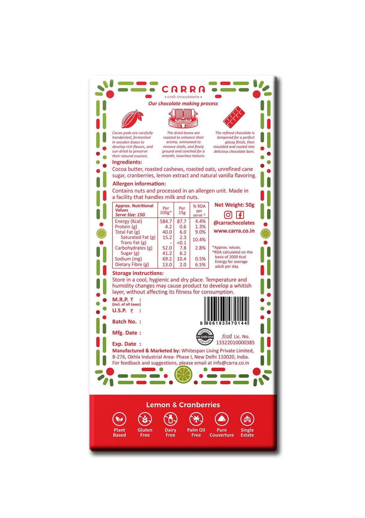 Carra Lemon & Cranberries White Chocolate Bar, 50g