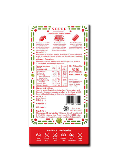 Carra Lemon & Cranberries White Chocolate Bar, 50g