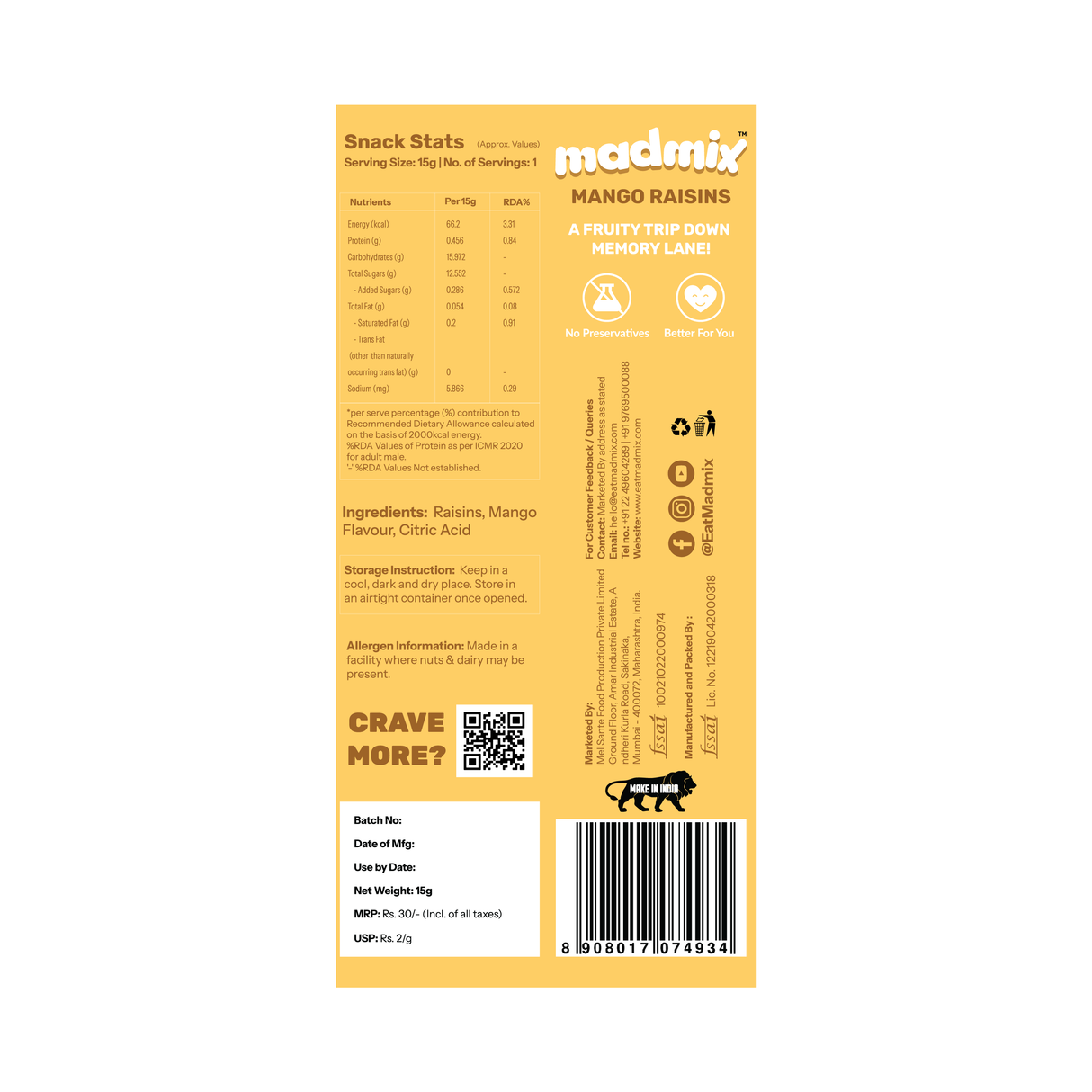 Madmix Mango Flavoured Raisins, 15g