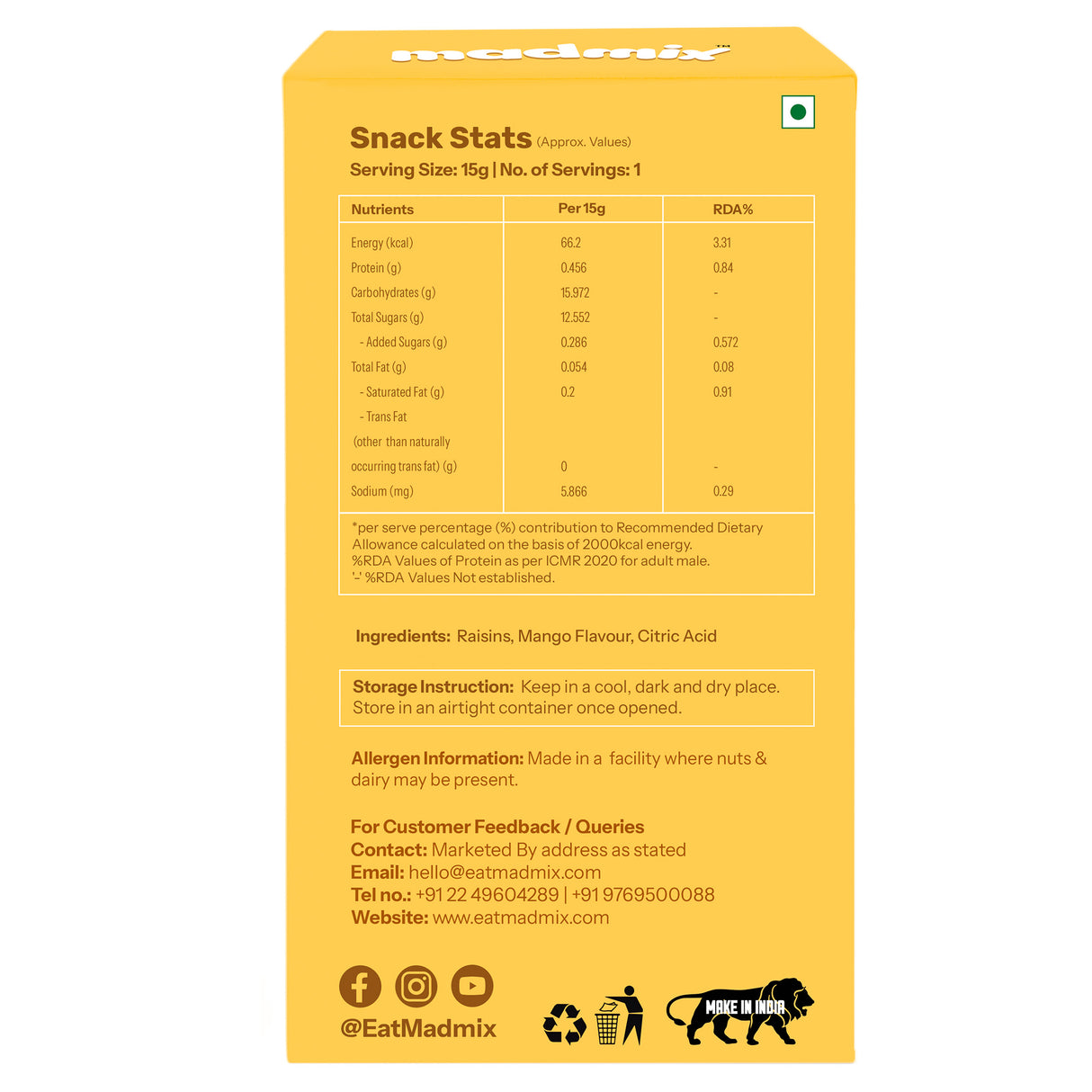 Madmix Mango Flavoured Raisins, 15g