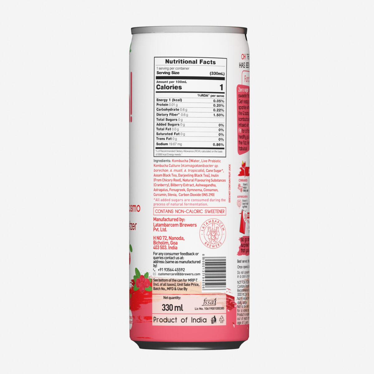 Borécha Oh! Cranberry Cosmo Zero Sugar Prebiotic Kombucha Seltzer, 330ml