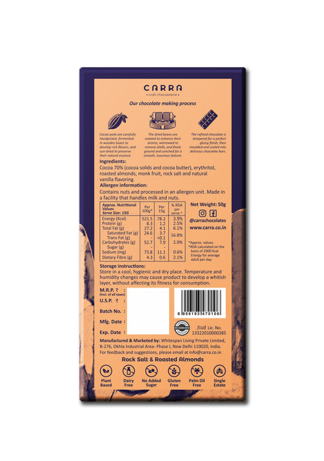 Carra 70% Sugar Free Rock Salt & Roasted Almonds Dark Chocolate Bar, 50g